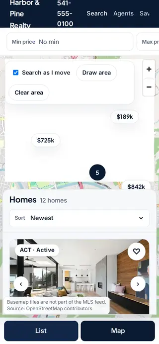 Harbor & Pine map search on a phone, with the map and a listing card.